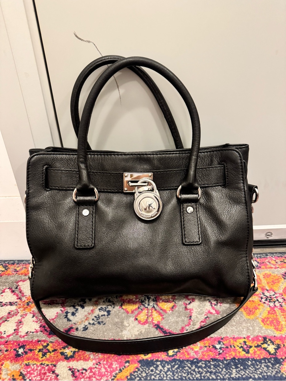 Michael Kors Black Leather Satchel with Silver Hardware